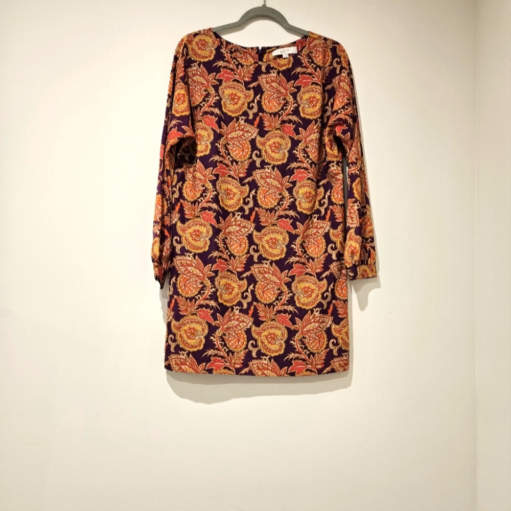 LOFT Orange and  Purple Dress with Long Sleeves, Size Small